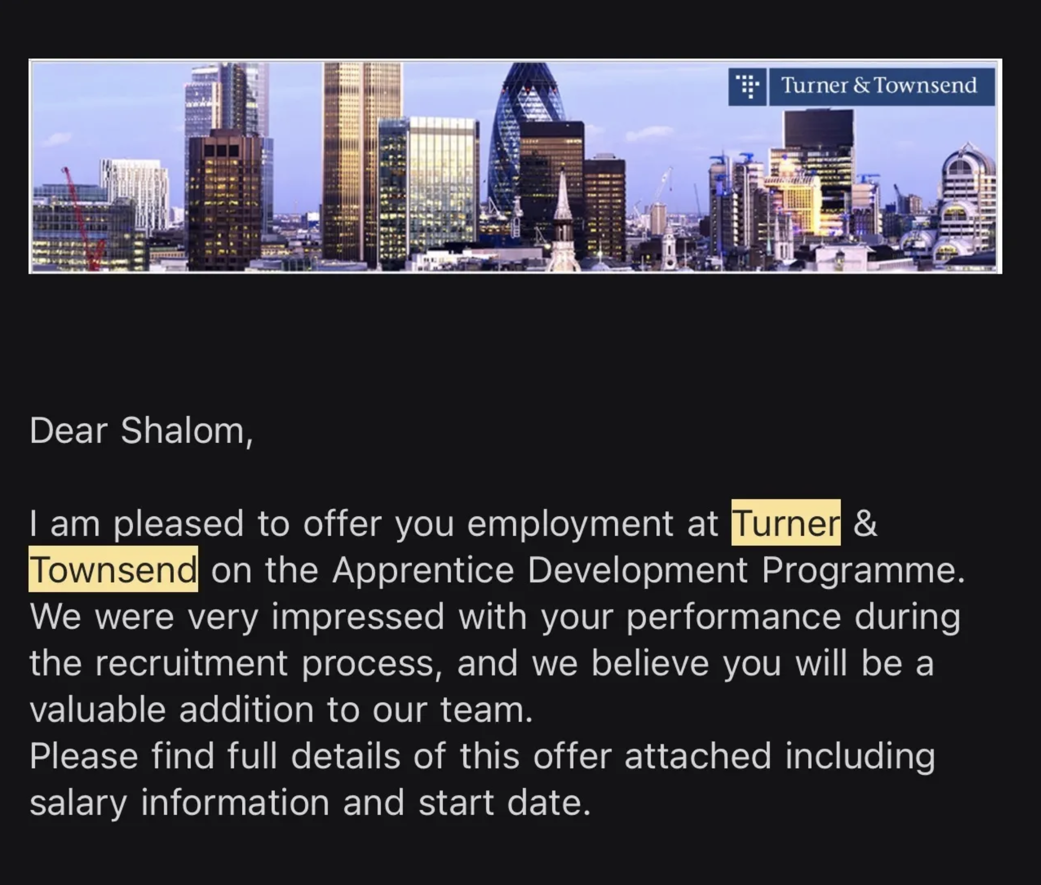 Offer letter from employer